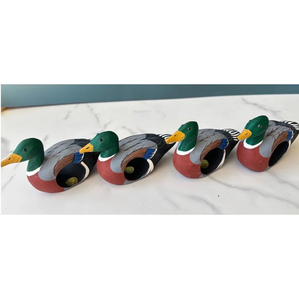 Vintage Hand Painted Wooden Mallard Duck Napkin Rings Set of 4 Philippines Made